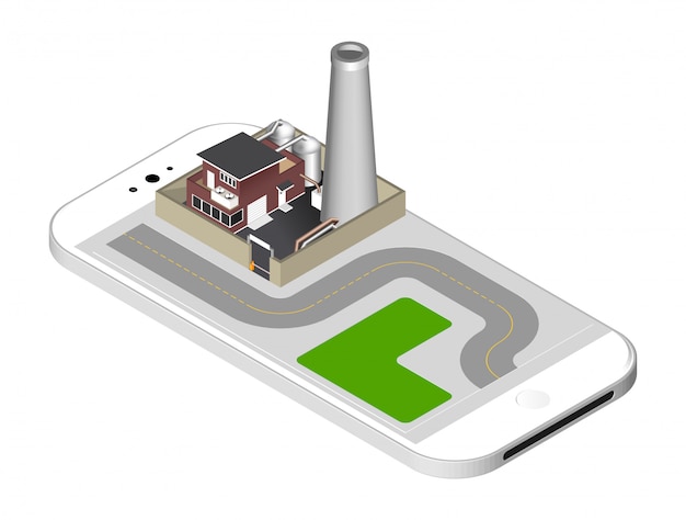 factory building with a pipe, cisternae, fence with a barrier - standing on the smartphone screen. Vector illustration isolated