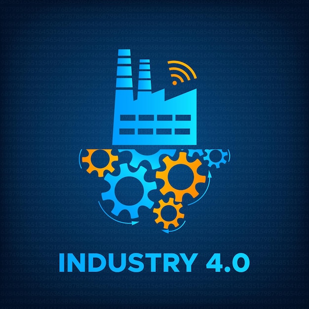 Factory and gears industry 4.0 concept vector illustration. Manufacturing digital technology design with blue factory icon, orange gears mechanism and sign INDUSTRY 4.0 on technology background