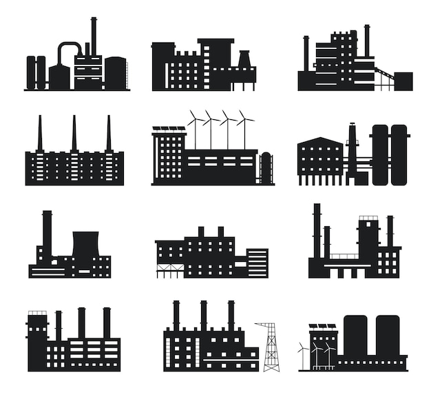 Factory silhouette. Industrial building icons. Manufacture plant and power station with chimneys, windmills and solar panels logo vector set. Alternative energy sources equipment and company