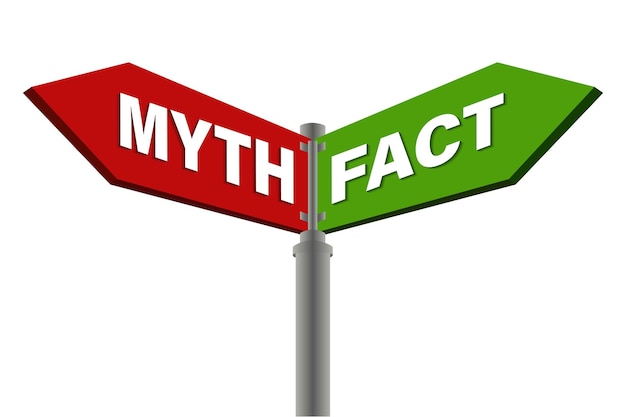 Facts and myths road sign with directional arrows