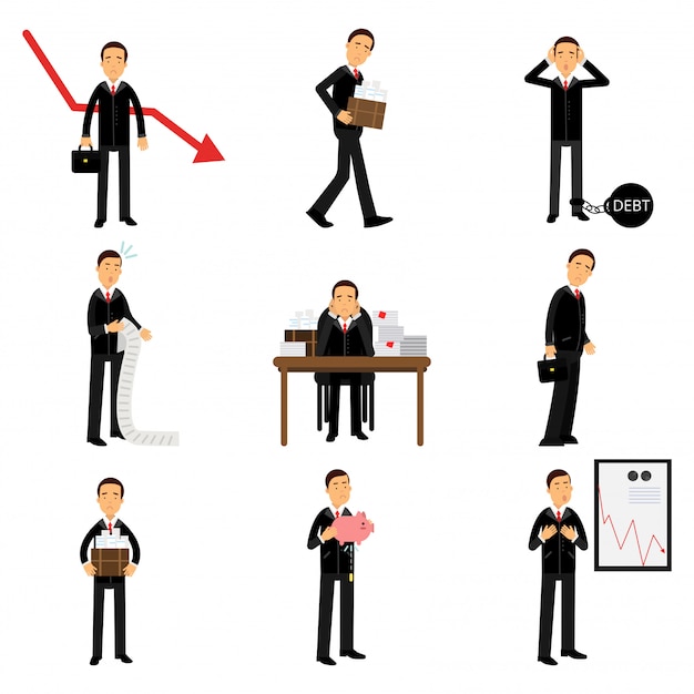 Failed businessman character set, business and financial failure, bankruptcy, economic crisis, unemployment   Illustrations