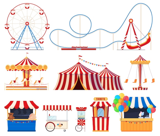 Vector fair with amusement park attractions children carousels circus tent extreme attractions fun pastime on a holiday weekend