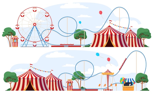 Vector fair with amusement park attractions children carousels circus tent extreme attractions