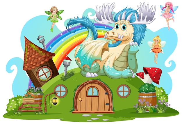 Vector fairies at hobbit house on white background