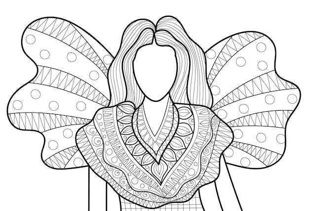 Fairy decorative coloring book page illustration in henna style