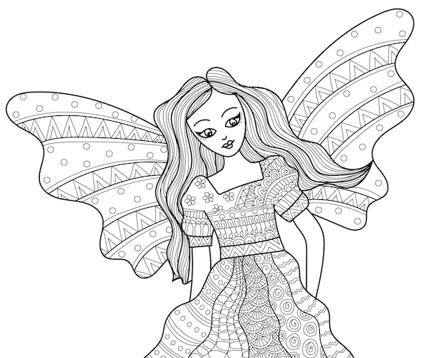 Fairy decorative coloring book page illustration in henna style