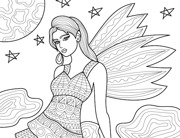 Fairy decorative coloring book page illustration in henna style