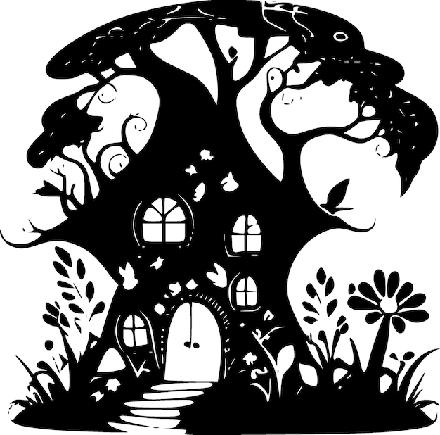 Fairy House Black and White Isolated Icon Vector illustration