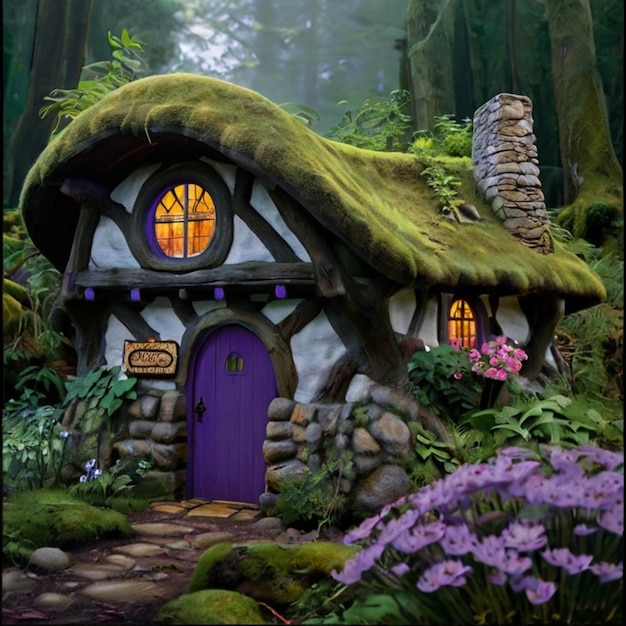 a fairy house with a green roof and a door that says  welcome to the house