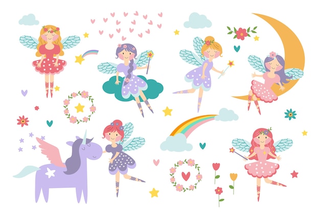 Fairy little princess Cartoon cute fairies flying and rest on moon Child tale doll and magic characters Pretty dancers from children book nowaday vector kit EPS