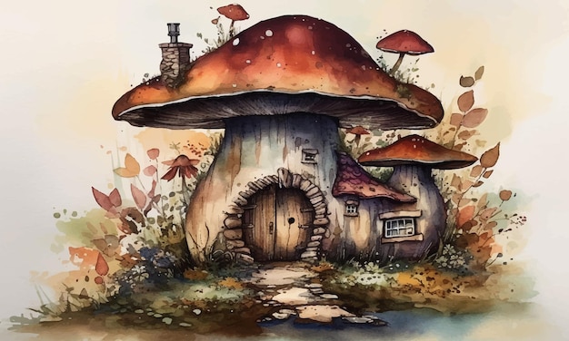 Fairy Mushroom House watercolor painting Abstract background