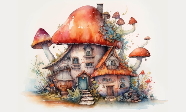 Fairy Mushroom House watercolor painting Abstract background