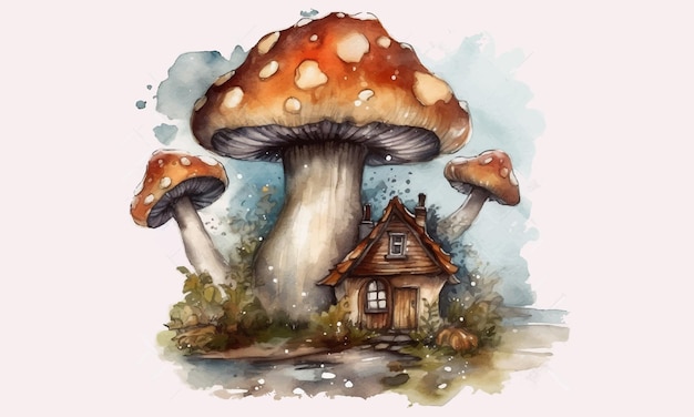 Fairy Mushroom House watercolor painting Abstract background