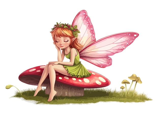 Vector a fairy sits on a mushroom with a butterfly on her head