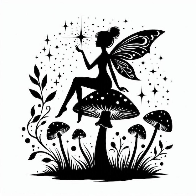 Vector fairy sitting on a mushroom silhouette vector contour drawing white black white background