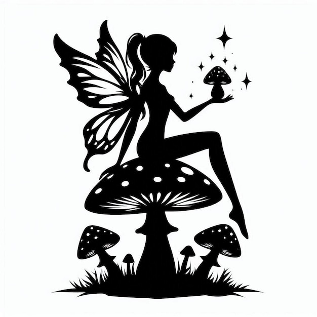 Vector fairy sitting on a mushroom silhouette vector contour drawing white black white background