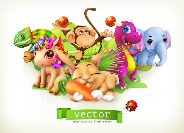 Fairy tale animals. Happy bunny, rabbit, cute unicorn, small dragon, baby elephant, monkey, chameleon. 3d