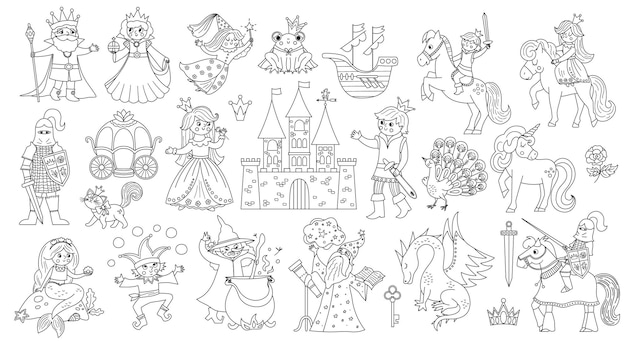 Fairy tale black and white characters and objects collection Big vector set with line fantasy princess king queen witch knight unicorn dragon Medieval fairytale castle pack or coloring pagexA