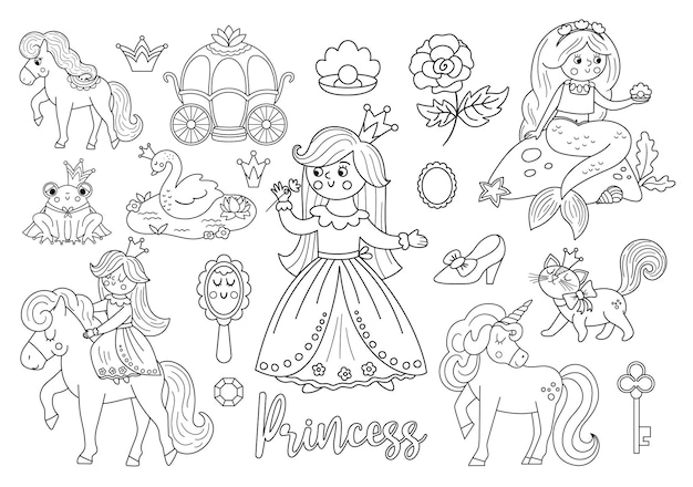 Fairy tale black and white princess collection Big line vector set of fantasy girl carriage mermaid unicorn frog prince swan Medieval fairytale maid pack or coloring pagexA