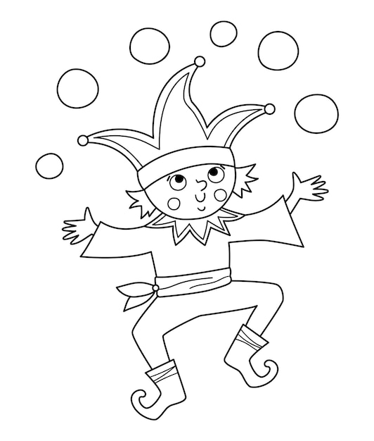 Fairy tale black and white vector buffoon Fantasy line juggler in funny hat Fairytale court yard character Cartoon magic clown icon or coloring pagexA