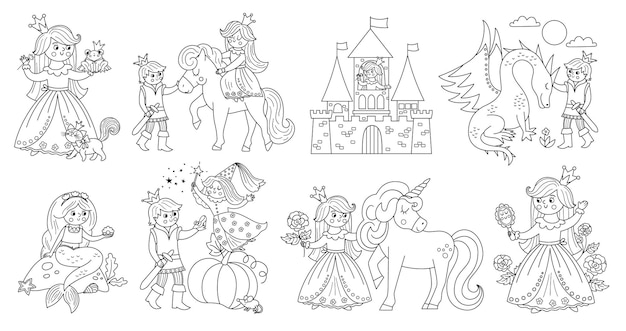 Fairy tale black and white vector princess set Fantasy line girl collection Medieval fairytale maid coloring page Girlish cartoon magic icons pack with sleeping beauty frog princexA