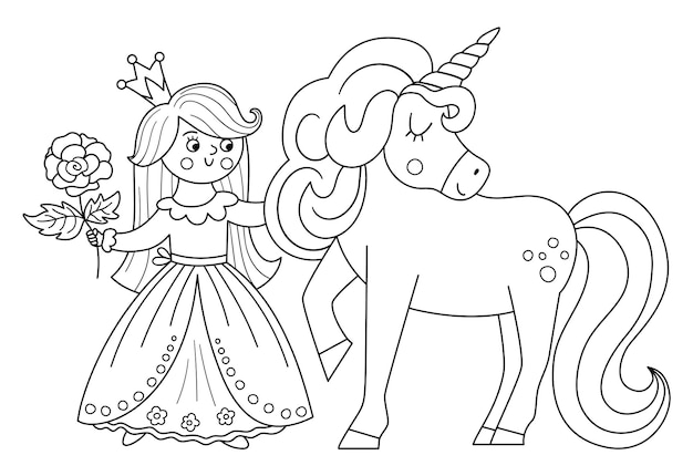 Fairy tale black and white vector princess with unicorn and rose Fantasy girl in crown coloring page Medieval line fairytale maid Girlish cartoon magic icon with cute characterxA