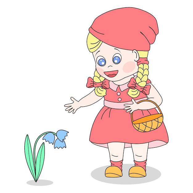 Fairy tale character Little girl in red dress and red hat with basket in her hand finds a bluebell