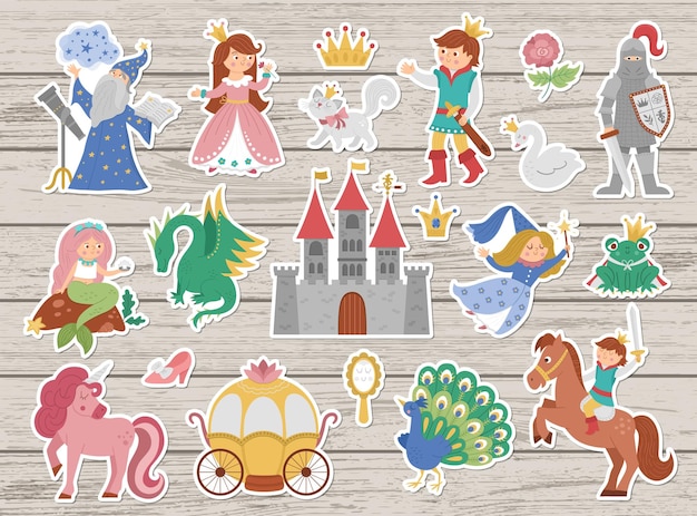 Fairy tale character stickers collection Big vector sticker pack with fantasy princess prince witch knight unicorn dragon Medieval fairytale castle patches pack Cartoon magic iconsxA