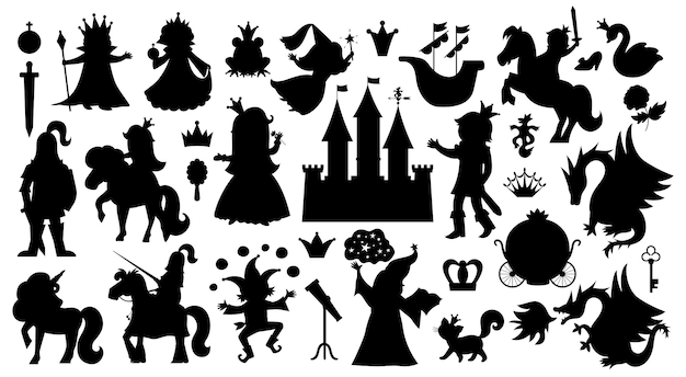 Fairy tale characters and objects silhouettes collection Big black and white vector set of fantasy princess king queen knight unicorn dragon Medieval fairytale castle shadows packxA