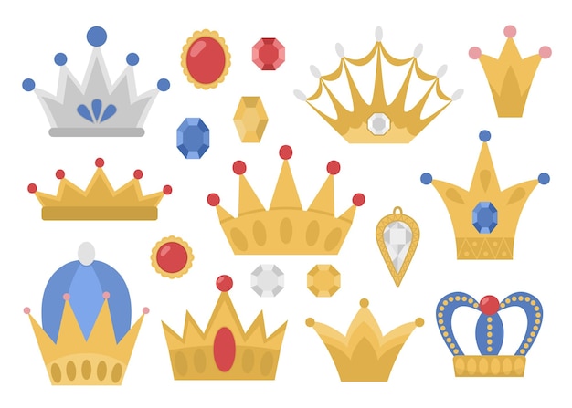 Fairy tale crowns collection Vector set of fantasy king or queen accessories Sovereign authority symbols Medieval fairytale royal jewelry icons Cartoon magic objectsxA