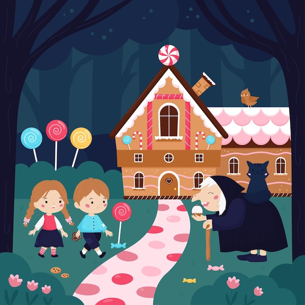 Fairy tale Hansel and Gretel with sweet house