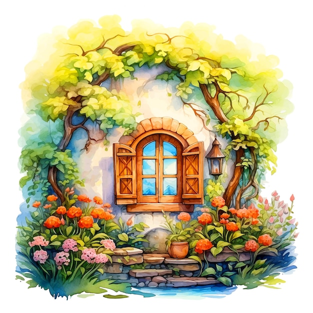 Fairy tale house surrounded by nature and flowers watercolor paint