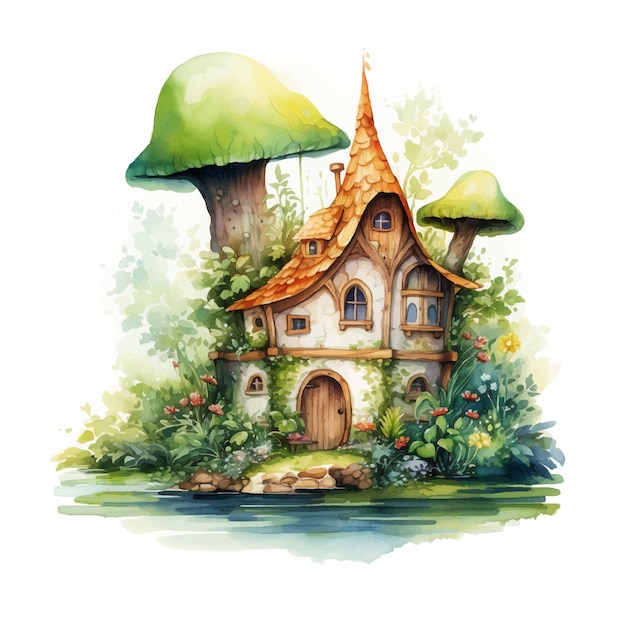 Fairy tale house watercolor paint ilustration