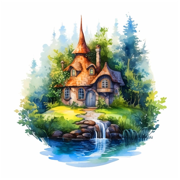 Fairy tale house watercolor paint ilustration