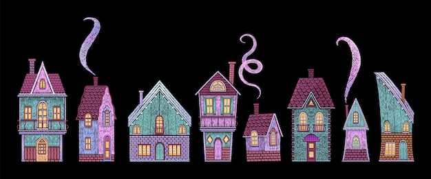 Fairy tale houses Steampunk style buildings retro house Embroidery architecture elements Silk stitch patches for clothes textile accessories Nowaday vector collection