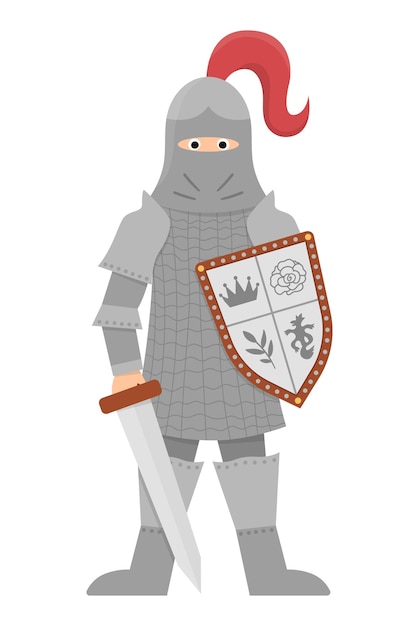 Fairy tale knight Fantasy armored warrior isolated on white background Fairytale soldier in helmet with sword shield chain mail Cartoon icon with medieval character and weaponxA