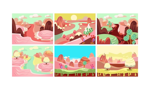 Fairy tale landscape collection candy land details for computer game interface vector Illustration isolated on a white background