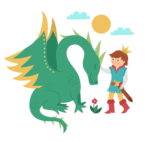 Fairy tale prince with dragon isolated on white background Vector fantasy young monarch in crown with magic creature Medieval fairytale characters Cartoon magic sovereign iconxA