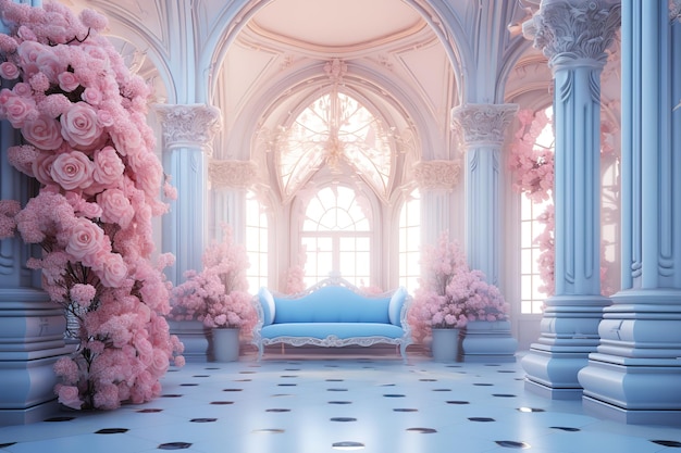 Fairy tale princess room The pink bedroom girl with armchair and canopy 3D rendering for web page