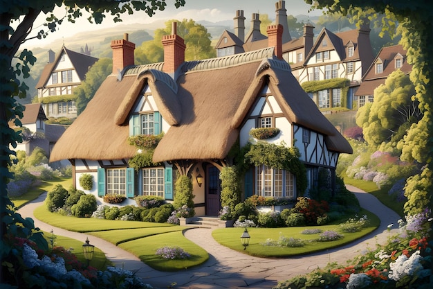 Fairy tale small cottage in fantasy village 3d rendering