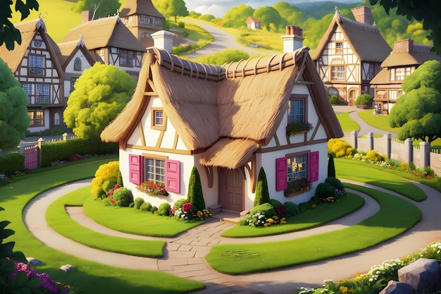 Fairy tale small cottage in fantasy village 3d rendering