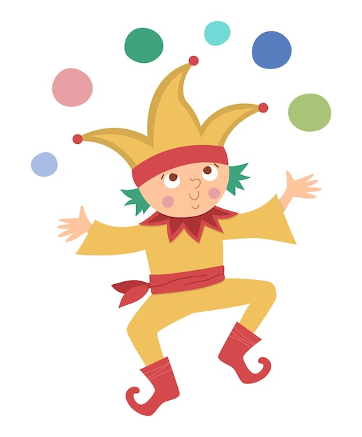 Fairy tale vector buffoon with colored balls Fantasy juggler in funny hat isolated on white background Fairytale court yard character Cartoon magic iconxA