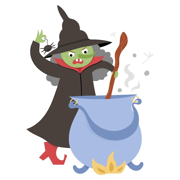 Fairy tale vector green witch with cauldron preparing potion Fantasy sorceress in tall hat isolated on white background Fairytale or Halloween character Cartoon magic iconxA