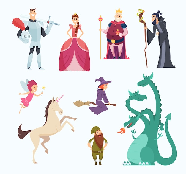 Fairy tales heroes. Witch wizard princess dragon funny characters in cartoon style  set.