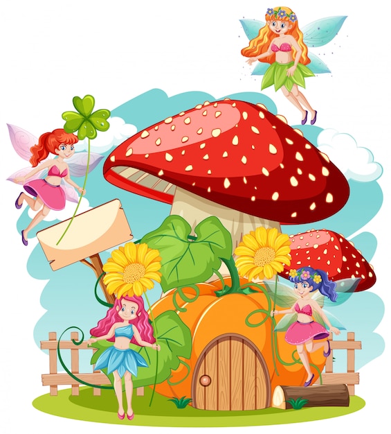 Fairy tales holiding flower and mushroom house cartoon style on white background