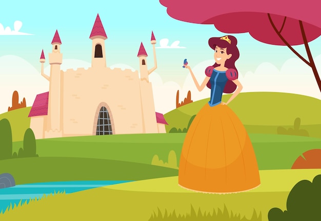 Fairytale background. Pretty young princess outdoor magic castle  fantasy concept.