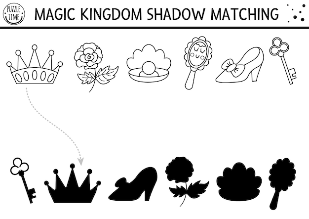 Fairytale black and white shadow matching activity with crown mirror shoe Magic kingdom puzzle Find correct silhouette printable worksheet or game Fairy tale coloring page for kidsxA