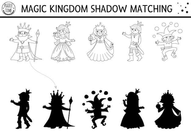 Fairytale black and white shadow matching activity with king queen prince princess Magic kingdom puzzle Find correct silhouette printable worksheet or game Fairy tale coloring page for kidsxA