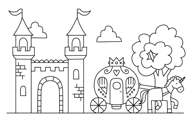 Fairytale castle, carriage and unicorn vector illustration