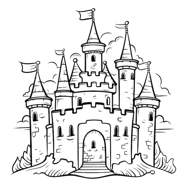 Fairytale castle on white background for coloring book